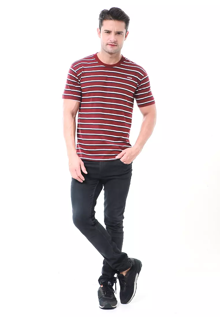 Aisley Kaos Pria Lengan Pendek Sweatshirt Kasual Stripe Motive Material Cotton ORIGINAL - Maroon
