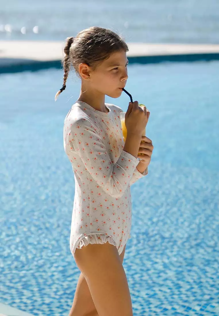 Stripes & Blooms Leotard Long Sleeves - Coral Daisy