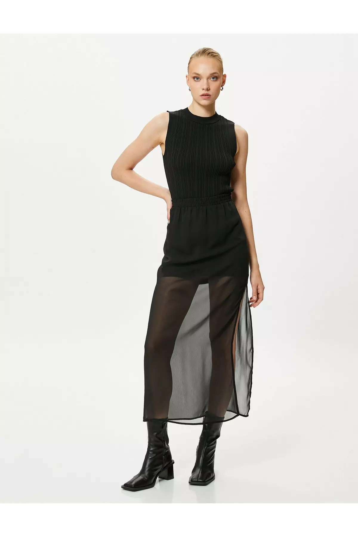 Midi Tulle Skirt With Slit Elastic Waist