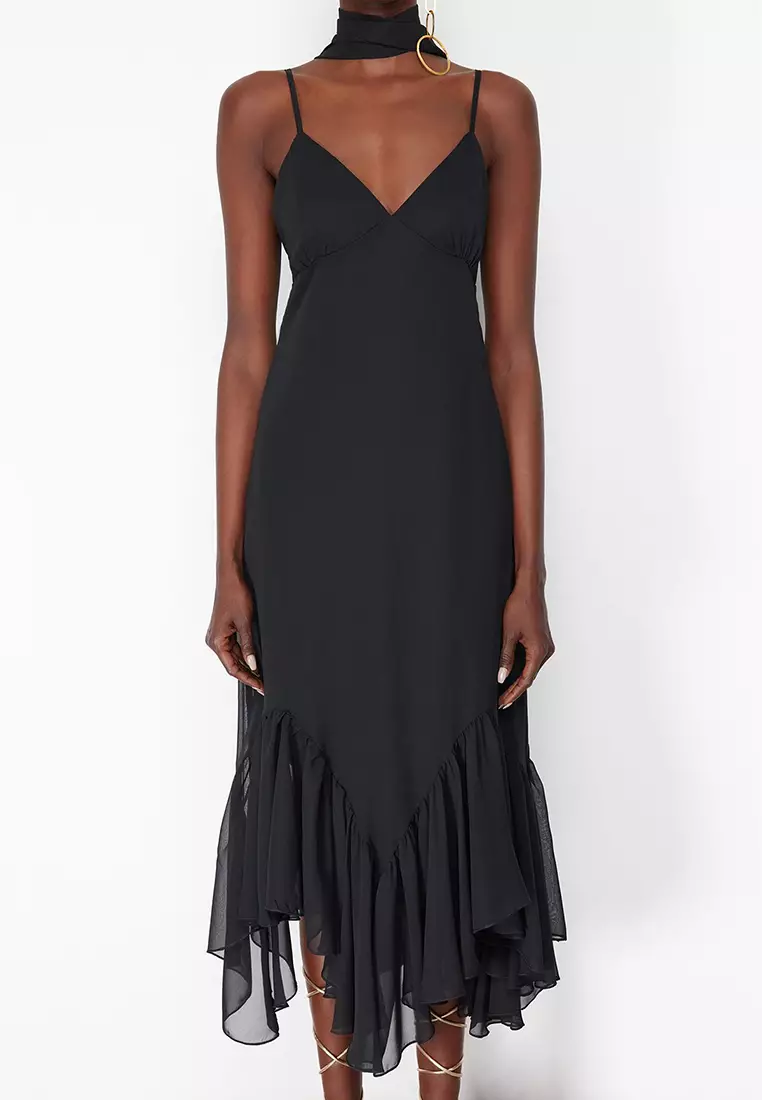 V-Neck Ruffle Midi Dress With Scarf Set