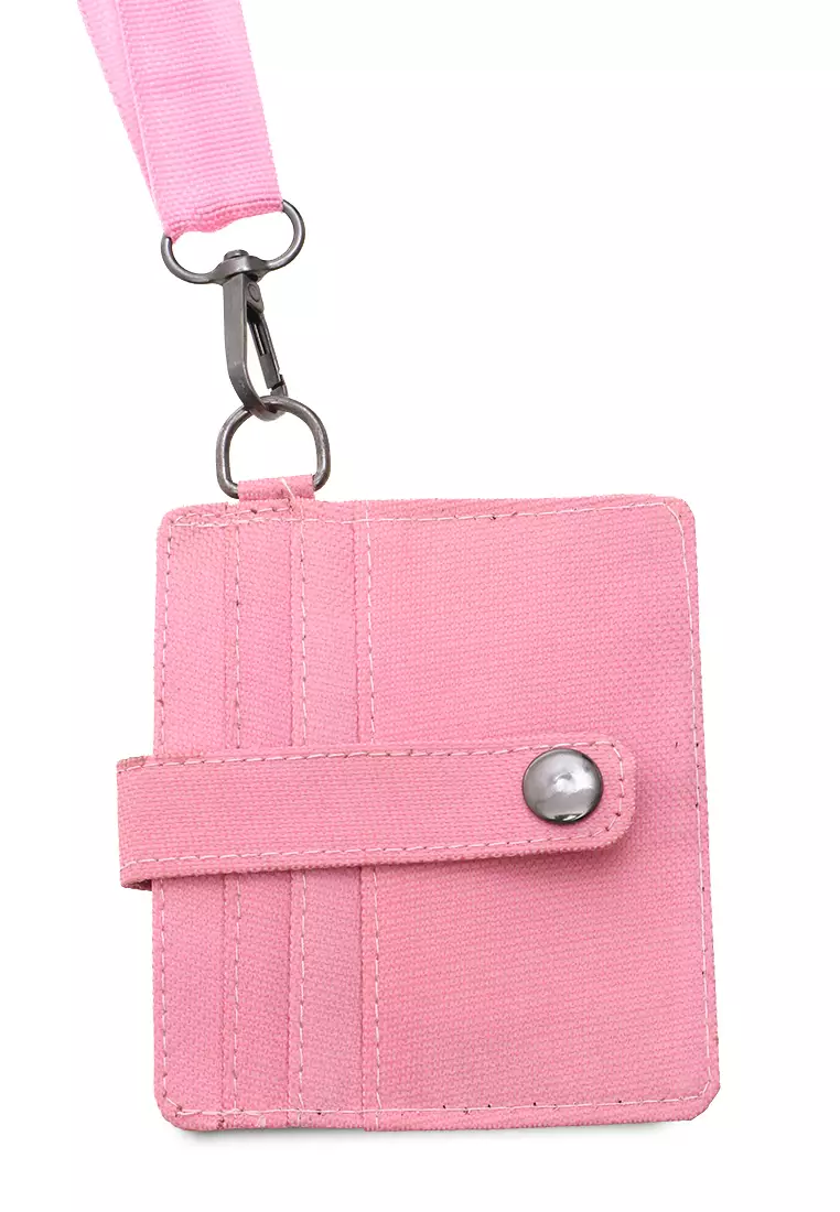 Hanging Neck Dompet Kartu 4 Slot Free Tali Gantung Motif Polos Holder Wallet Unisex - Pink