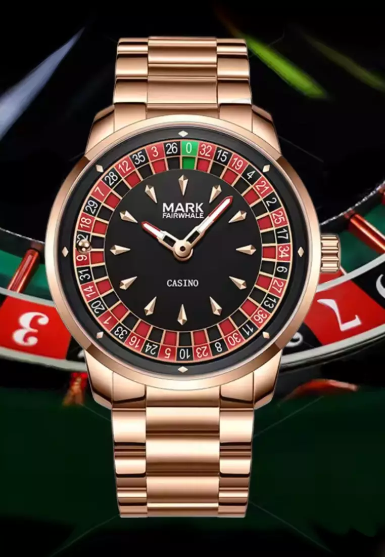 男女通用赌场石英表，43毫米，轮盘旋转表盘，不锈钢表带 - 玫瑰金, 黑色, 红色