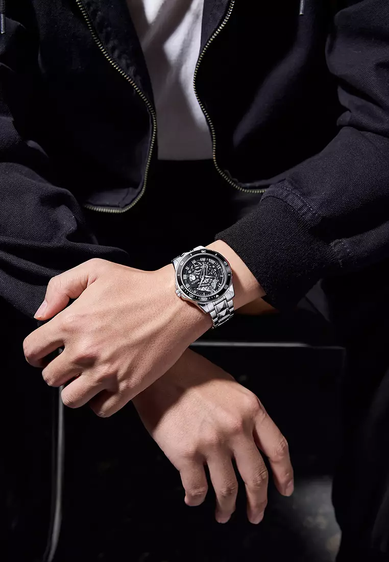 Jam Tangan Pria Original Kalendar Anti Air Tali Stainless Steel Jam Tangan Cowok silverblack