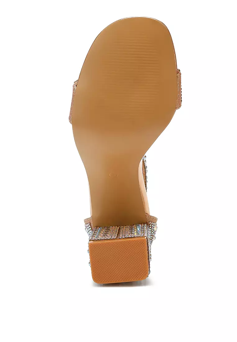 Sandal Blok Berlian Imitasi Dan Payet dalam Warna Rose Gold