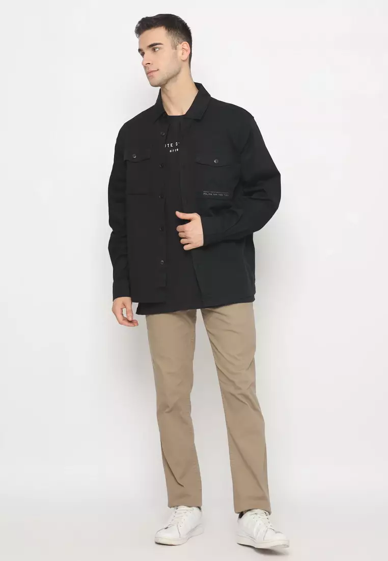 POLICE Kemeja Polos Semi Jaket Hitam Regular Fit Lengan Panjang Pria