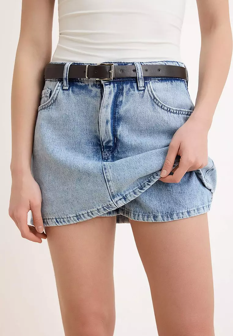 Light Blue Belt Detailed Denim Skirt With Skirt-Like Back Design Twoaw26Sr2