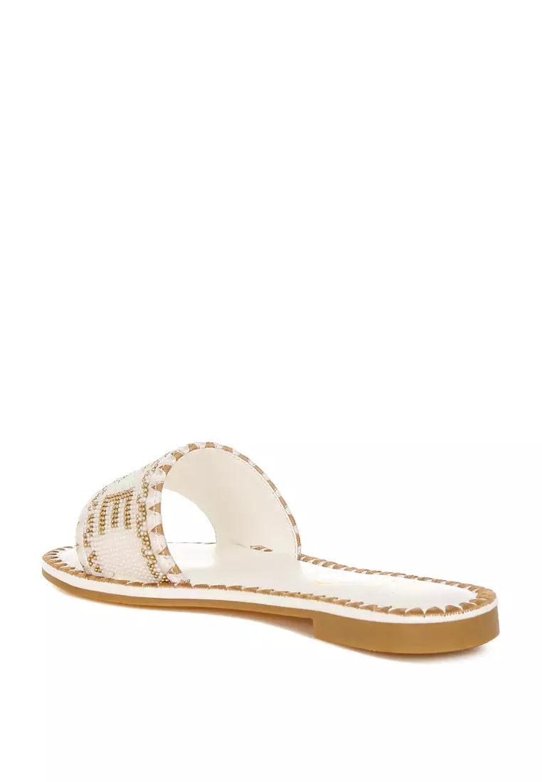Beaded Lake Como Flat Slip Ons In Beige