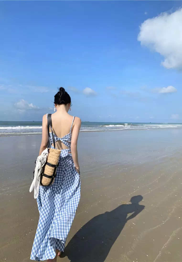 2025 New Blue and White Plaid Backless Bowknot Camisole Skirt Two-piece Dress K071104