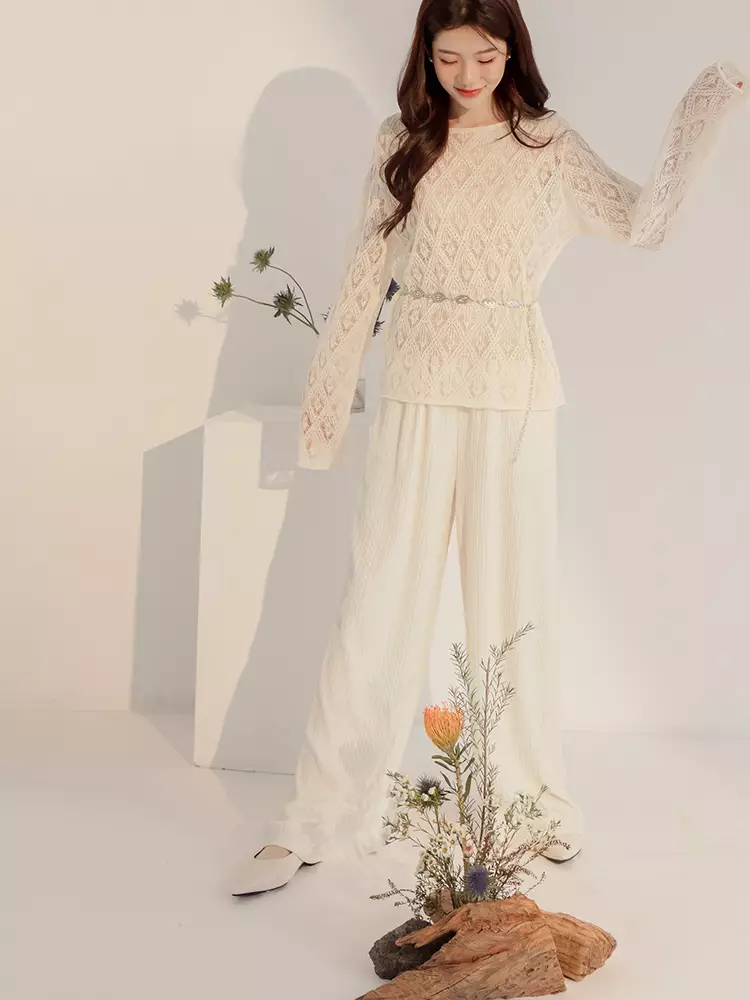 Crinkle-textured drawstring straight-leg wide pants [BA7626]