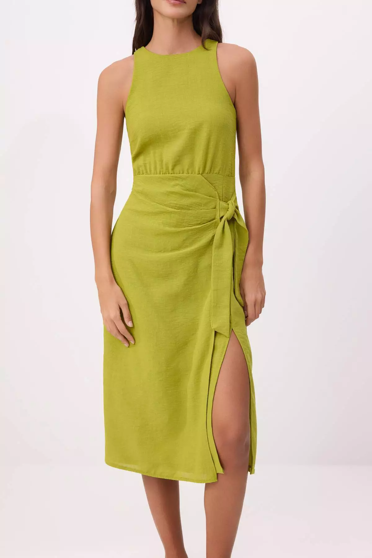 Oil Green Straight Tie Detail Midi Woven Dress Twoss25El777