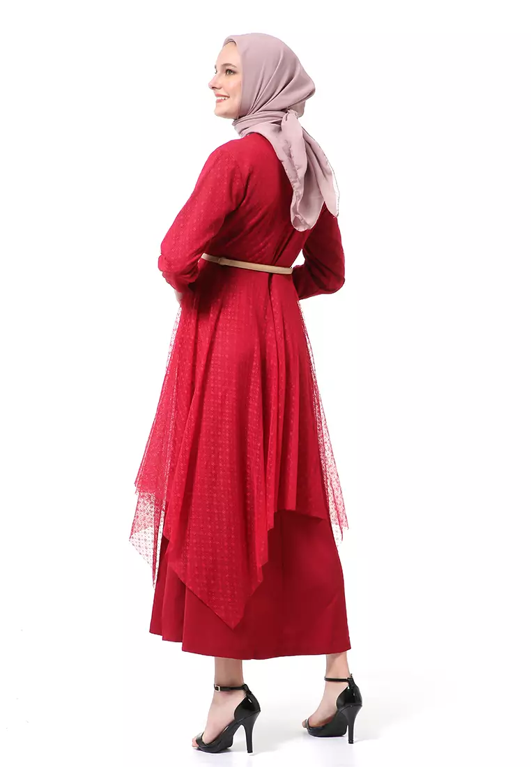 Zahwa Long Dress Gamis Muslimah Long Sleeve Free Belt High Quality - Maroon