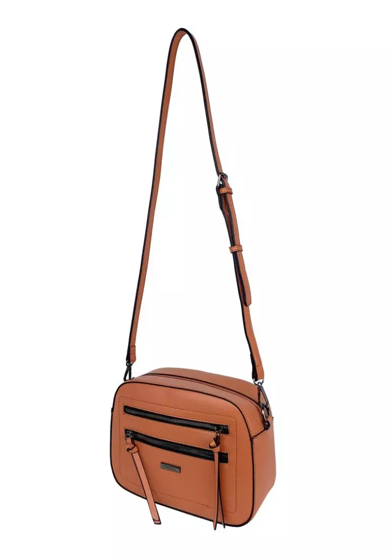 Double Zipper Front Boxy Sling Bag With Stitch Detail