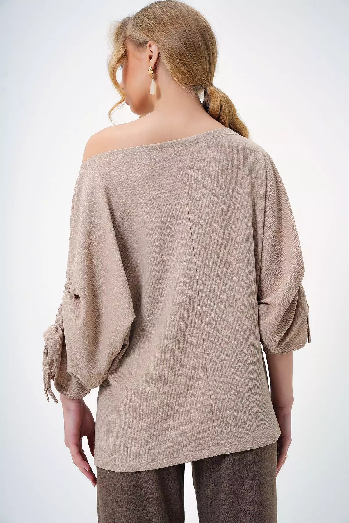 Women's Beige Boat Neck Sleeves Gathered and Tied Detailed Knitted Crepe Blouse