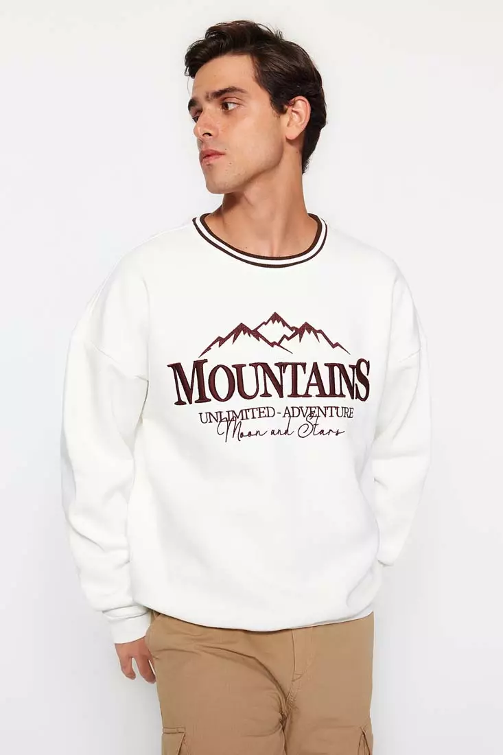 Stripe Neckline with Embroidered Text, Fleece Inside Sweatshirt
