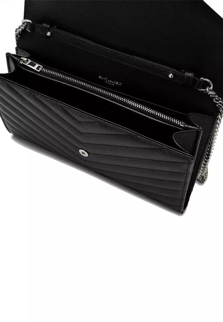 YSL Matelasse Chain Wallet In Grain De Poudre Embossed Leather Black/Silver 377828BOW02