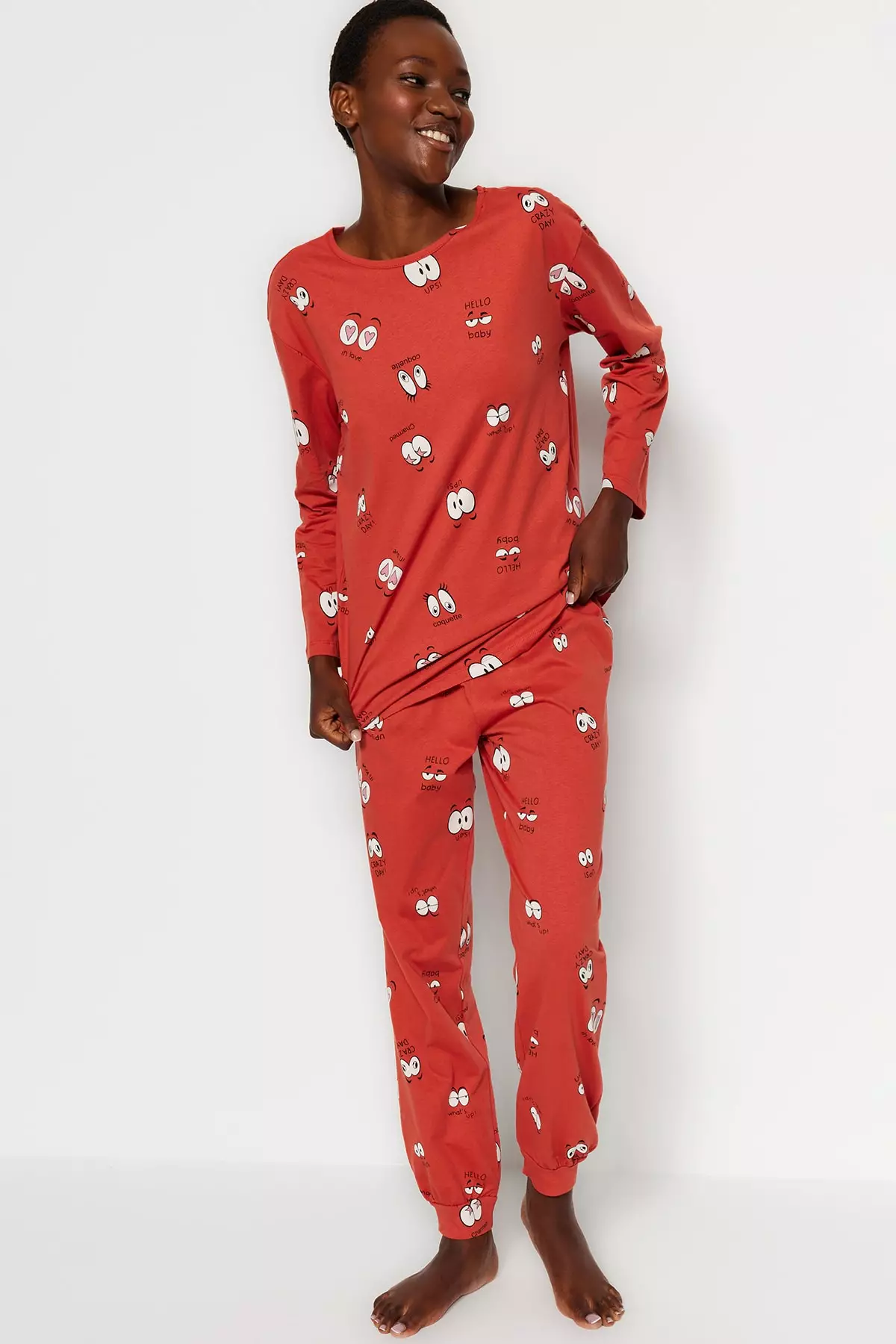 Cinnamon 100% Cotton Eye Patterned T-Shirt-Jogger Knitted Pajama Set