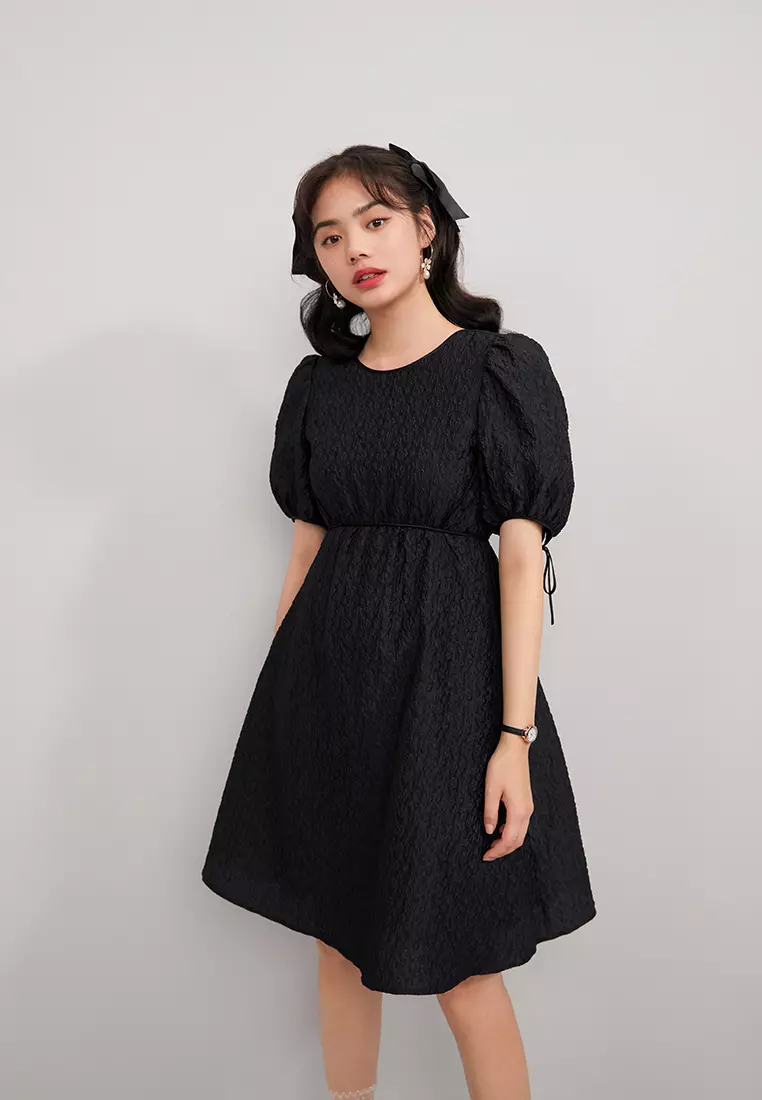 Puff Sleeve Floral Embossed Mini Dress