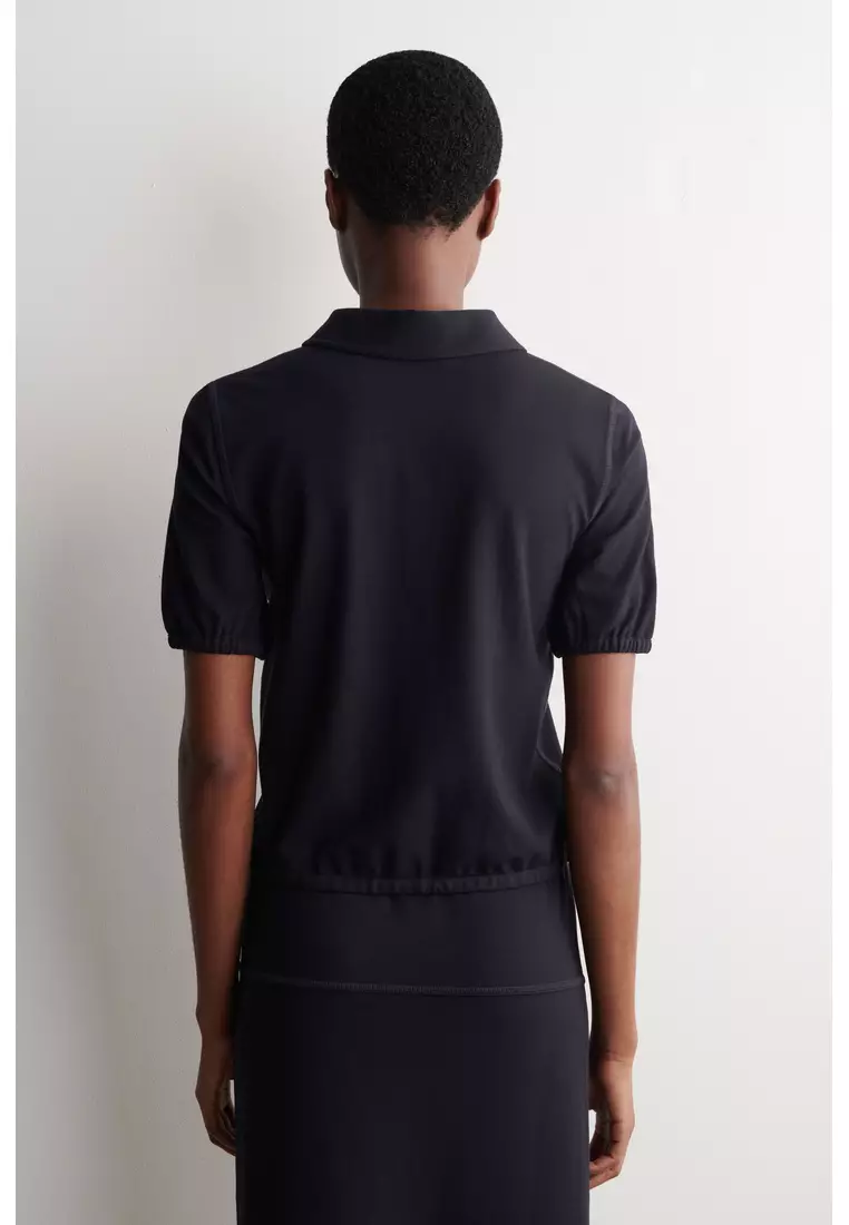 GATHERED JERSEY ZIPPED POLO TOP