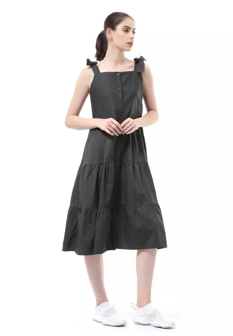 Rachel Dress Ruffle Wanita Tanpa Lengan Full Kancing Stylish Material Cotton ORIGINAL - Dark Green