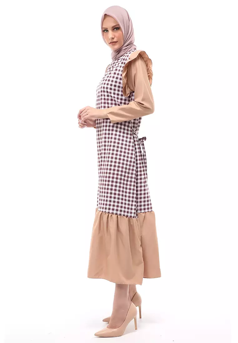 Ghina Gamis Tartan Muslimah Long Casual Wanita Regular Fit - Mocca