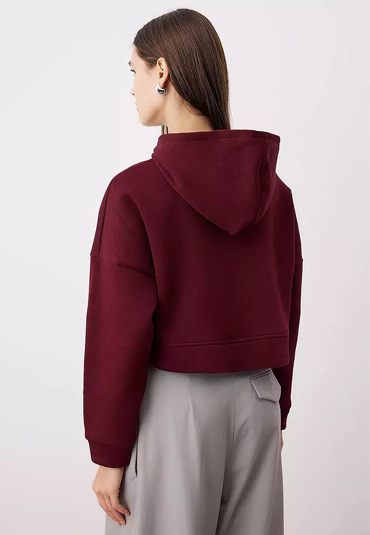 Zippered Hooded Casual Cut Crop Thick Fleece Knitted Sweatshirt