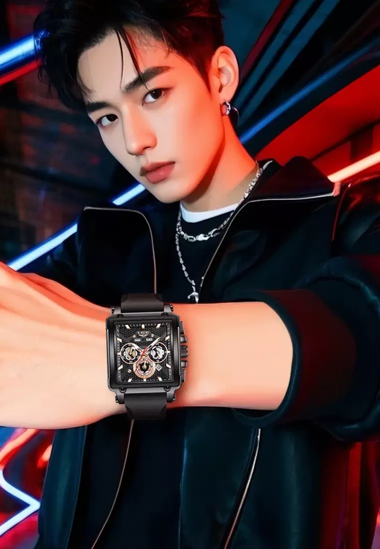 Unisex Chronograph IP Pink Gold Color Metal Alloy Quartz Watch, 44mm W x 44mm H, Silicone Strap