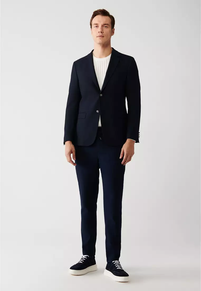 Men's Navy Blue Flap Pocket Lined Double Slit Woolen Jacket A32Y4029