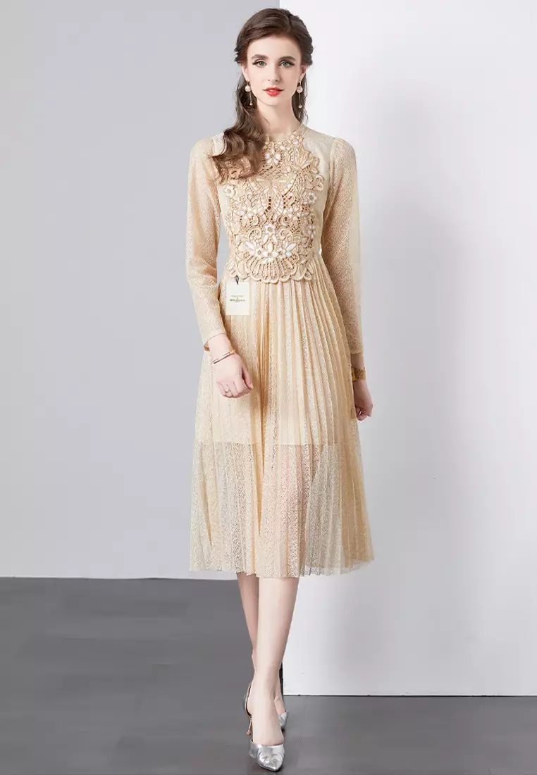 Twenty Eight Shoes Lace Embroidered Pleated Dress ZHY7002