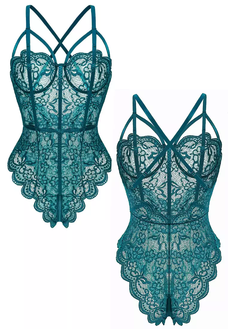 Buy ZITIQUE Women's one-piece sexy lace one-piece Lingerie (green) 2024 ...