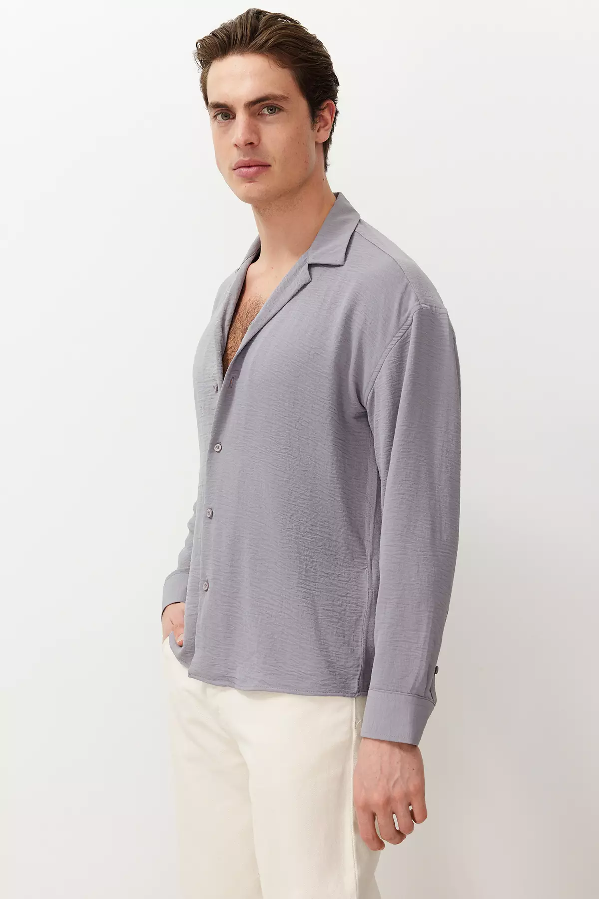 Light Gray Oversize Summer Linen Look Shirt - Apache Collar Tmnss23Go00053