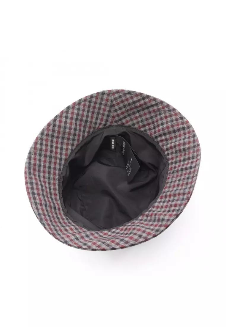Pre-Loved MIU MIU logo embroidery check bucket hat wool gray multicolor