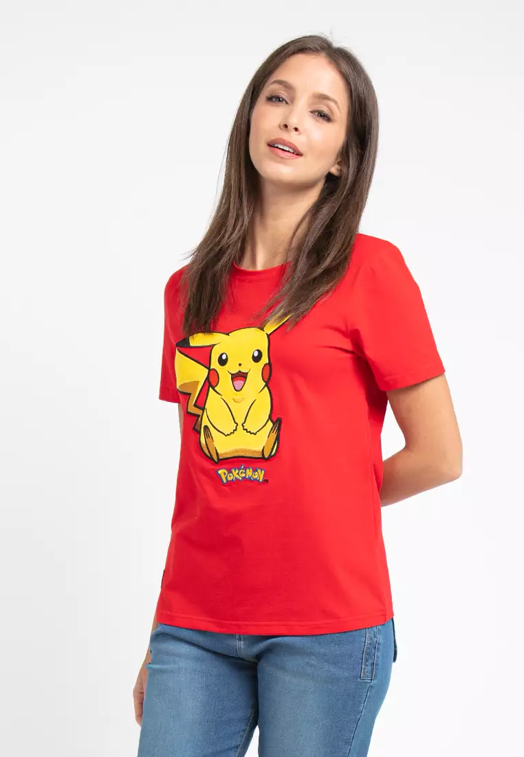Forest X Pokemon Ladies Coral Fleece Textured Embroidered Pikachu Round Neck Tshirt Women - FP821000-51Red