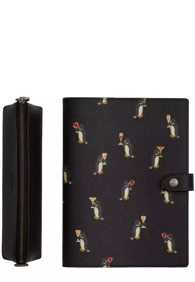 Boxed Notebook And Pencil Case Set With Penguin Print - Black Multi CCP98