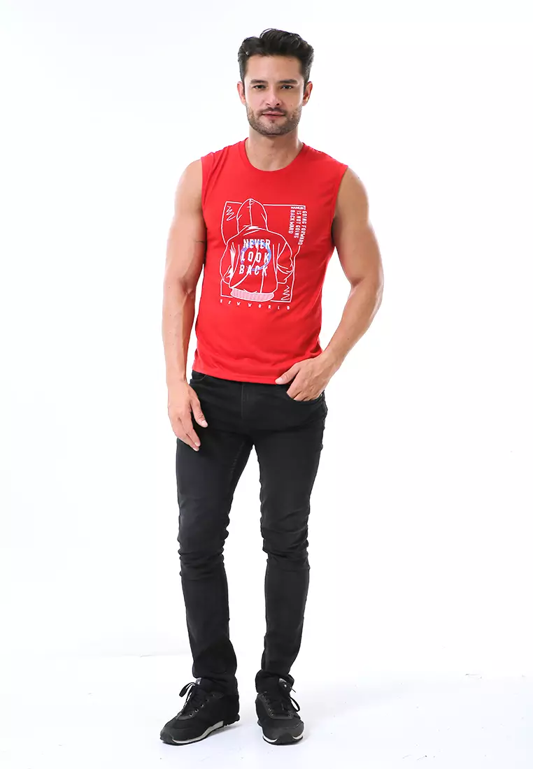 Bobby Atasan Kasual Pria Singlet Motif Never Look Back Sleeveless Tshirt Material Cotton ORIGINAL - Red
