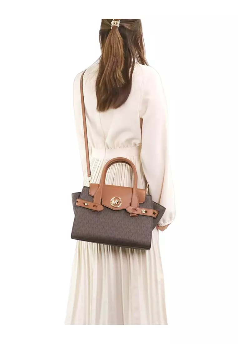 Carmen Medium Logo and Faux Leather Belted Satchel - Brown