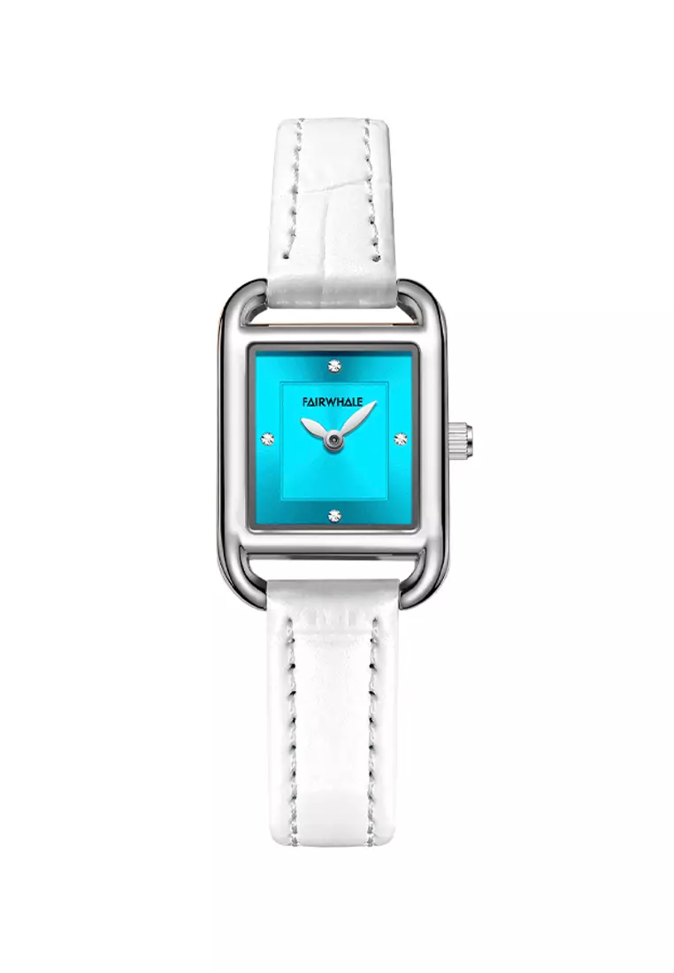 Ladies Stainless Steel Quartz Watch, 22mm, Blue Dial, White Leather Strap