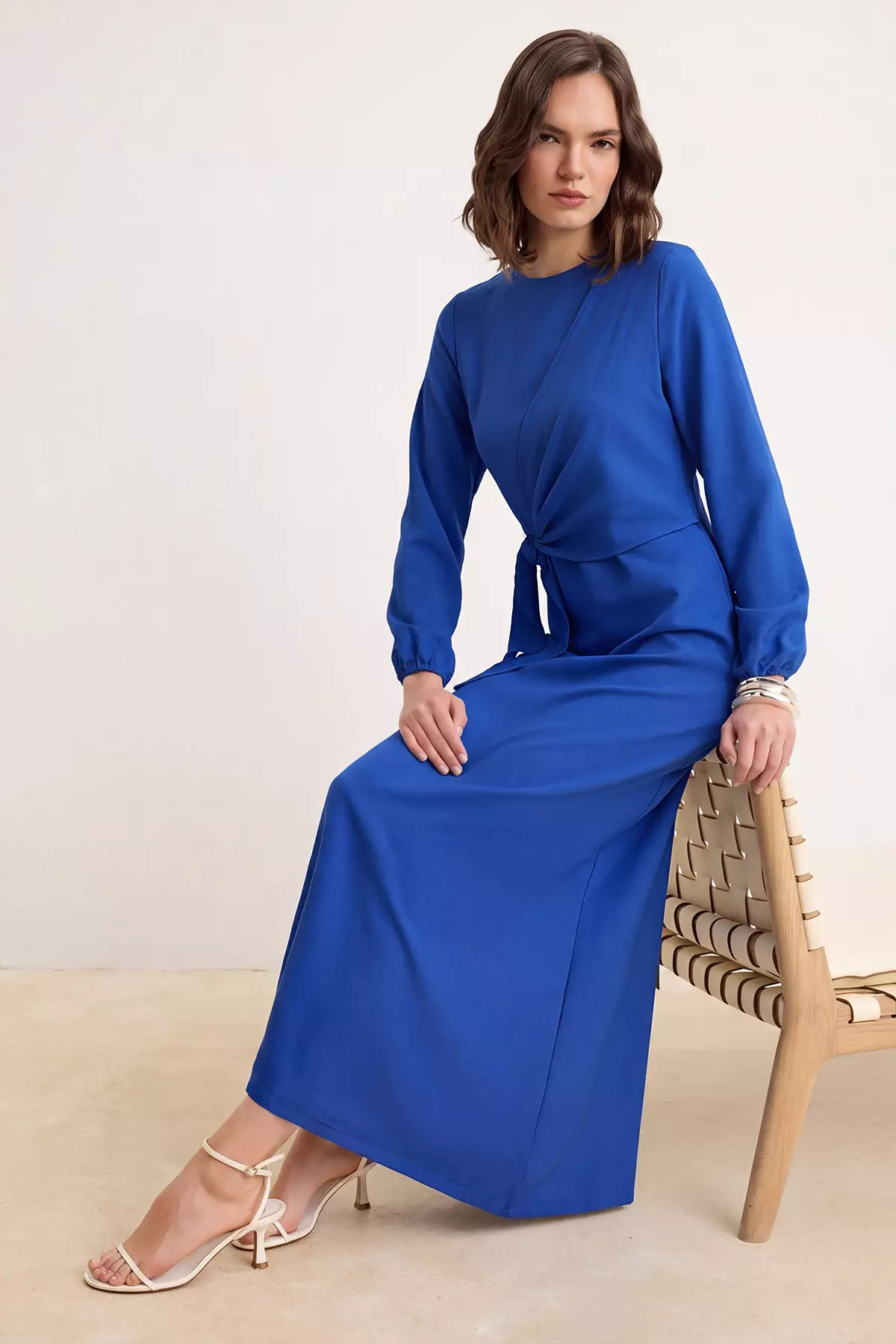 Saks Unlined Linen Look Hijab Dress With Tie Detail Tctss25Eb00129