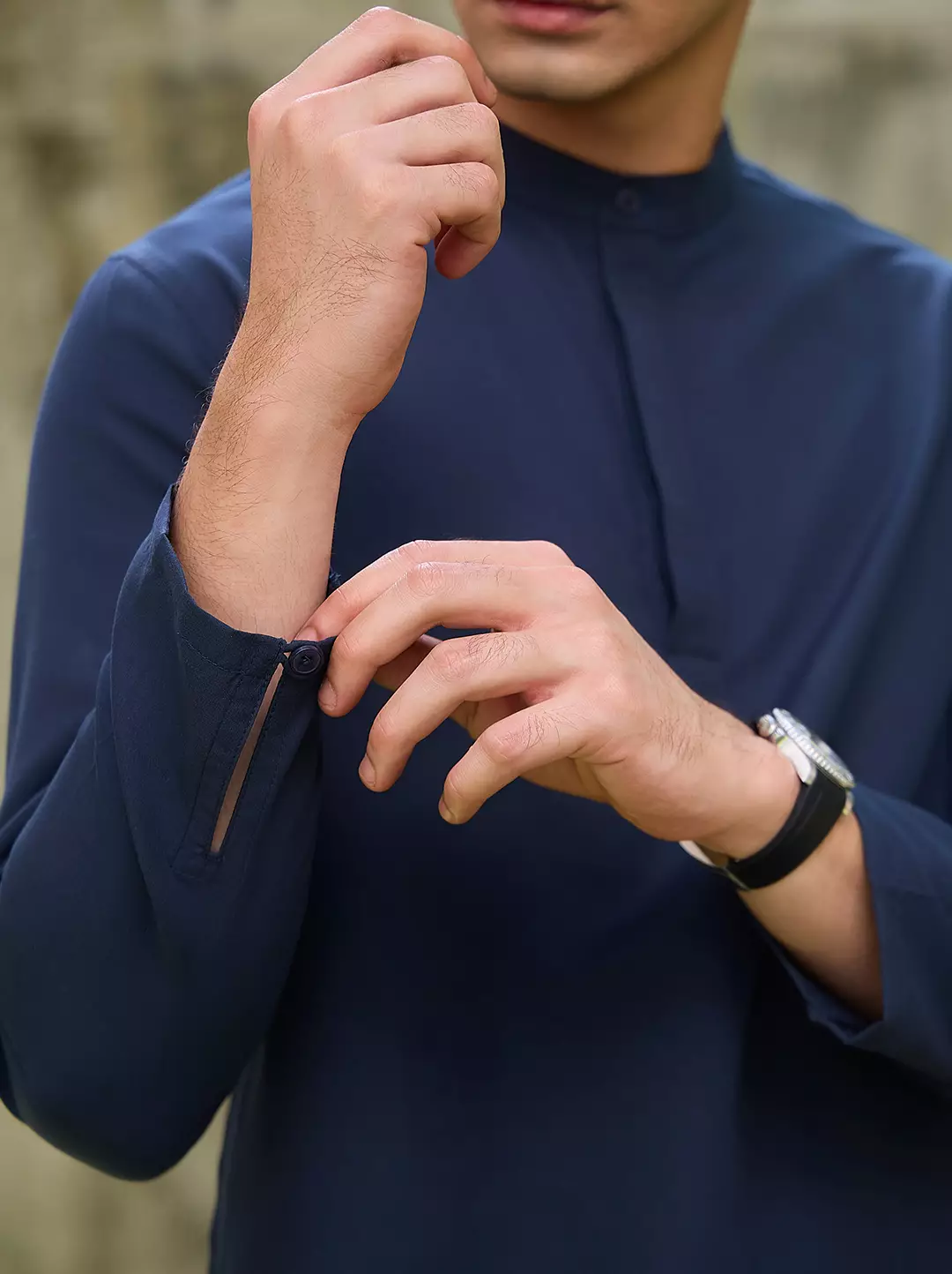 OXCON Kemeja koko Tangan Panjang Collarless Azfar Navy