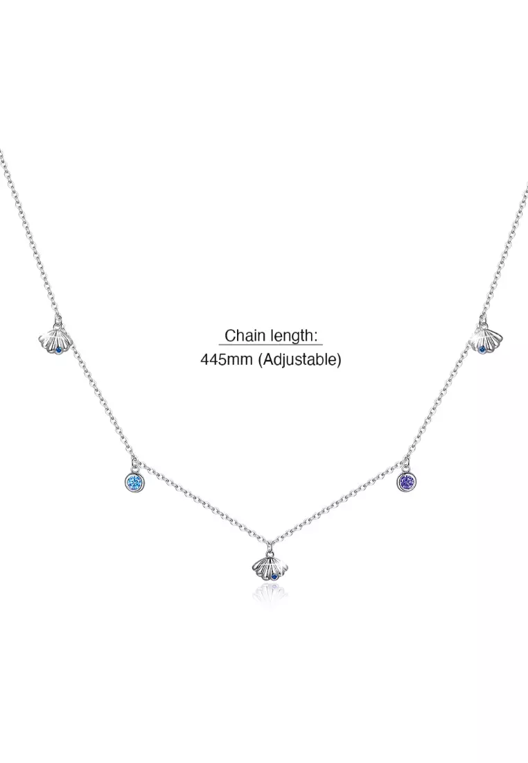 Solid 925 Sterling Silver Cubic Zirconia Multicolour Crystals and Seashells Necklace