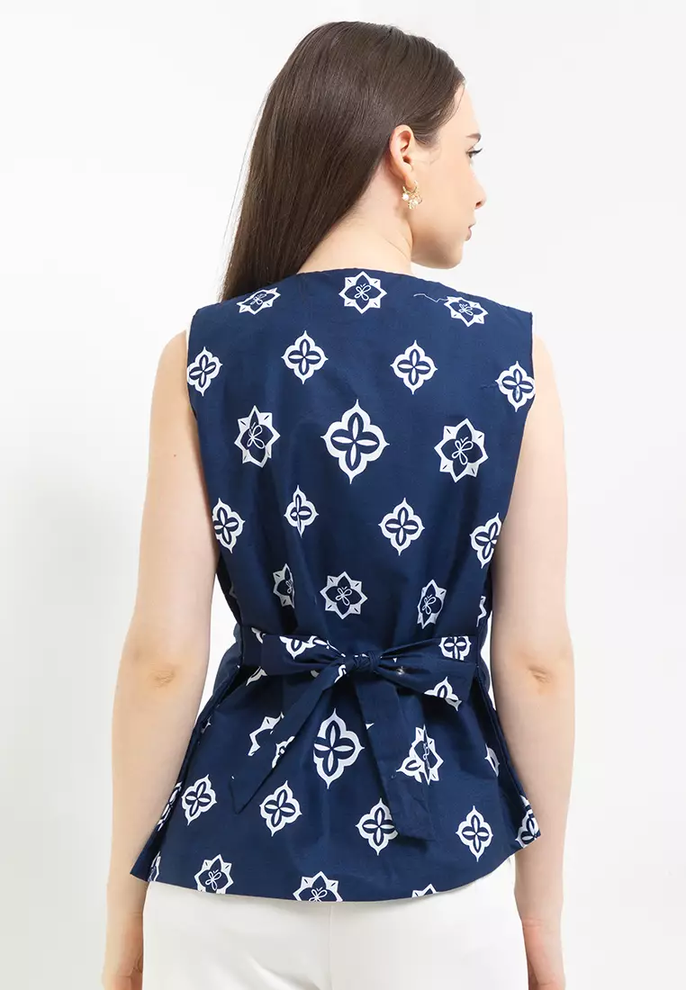 Outer Blouse Atasan Wanita Iskara Katun Bordir Tanpa Lengan Blue