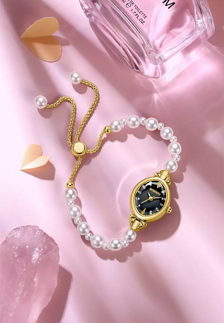 Jam Tangan Wanita Anti Air Original Analog Elegan Anak Perempuan Korean Style Kecil Mutiara Watch Women goldblack