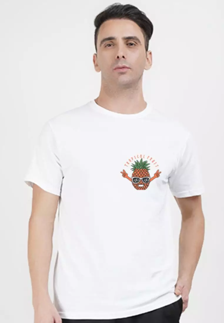 热带水果图案白色棉质短袖标准版型 T 恤