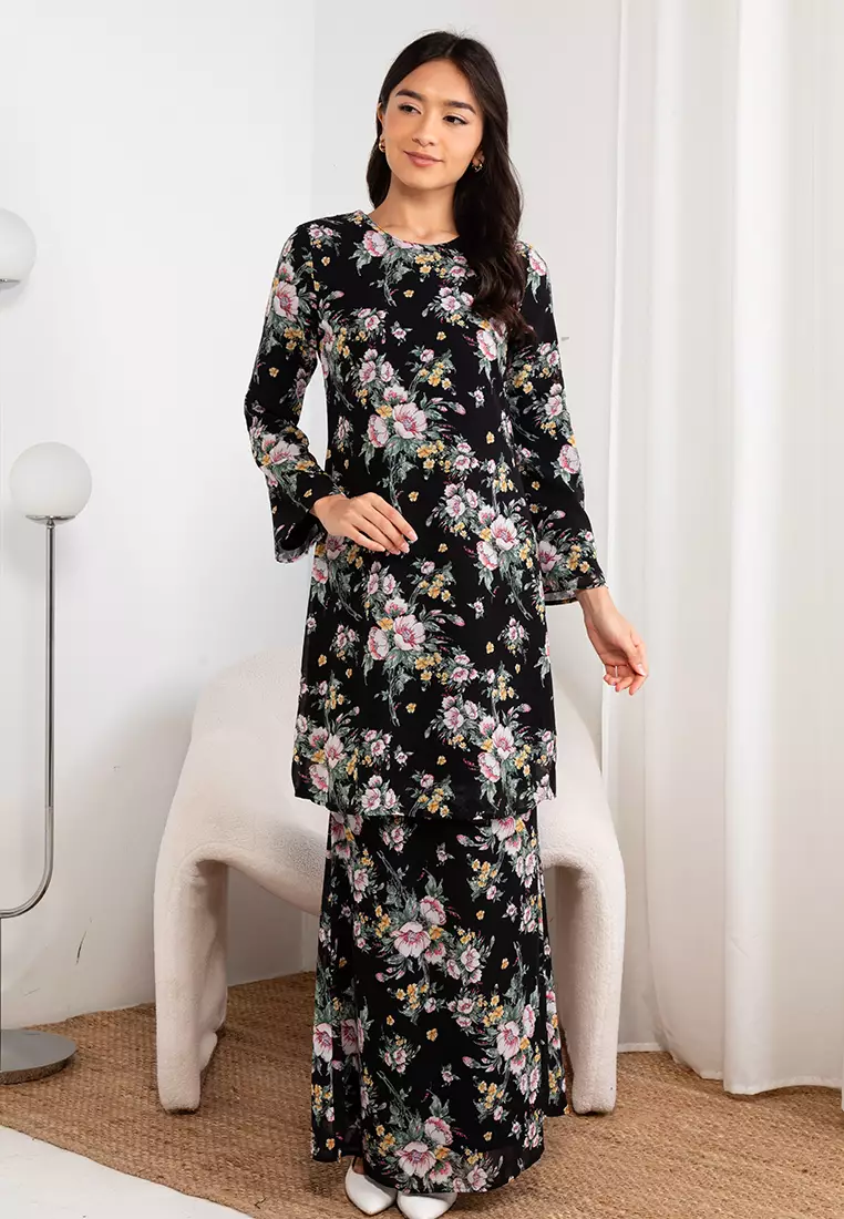 Full Bloom Floral Baju Kurung Moden Chiffon in Black