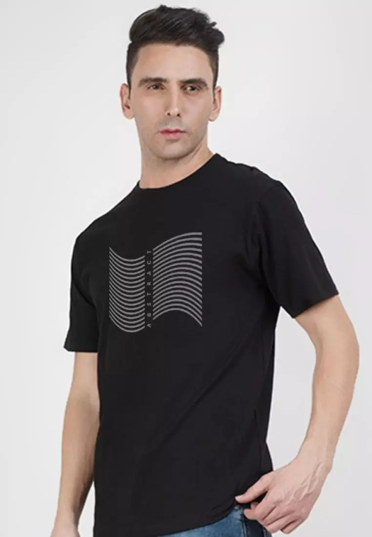 抽象线条图案黑色棉混纺短袖标准版型 T 恤