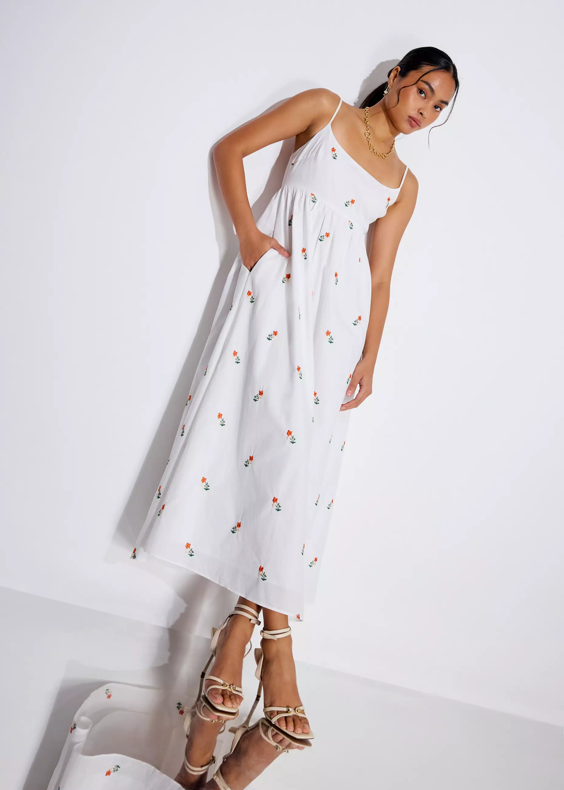 Dress Wanita - Cotton Floral Embroidery Fit & Flare Camisole Maxi Dress