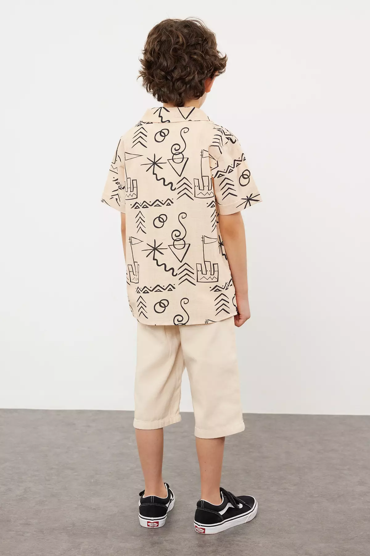 Boy Beige Print Cotton Shirt-Jean Set Tkdss24Au00002