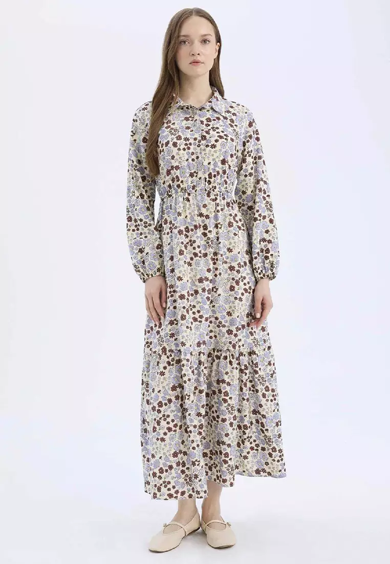 Shirt Collar Print Long Sleeve Maxi Dress