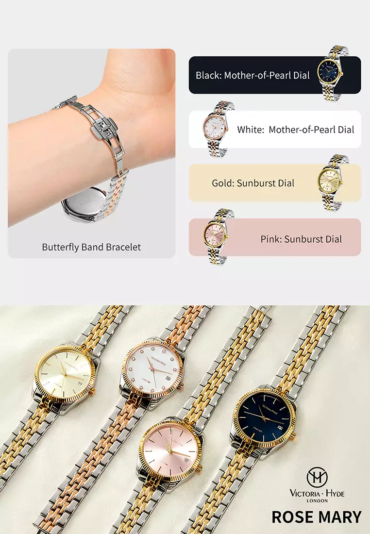 Women's Watch 32mm Gold Round Dial Stainless Steel Strap Calendar Function Rose Mary-Gold