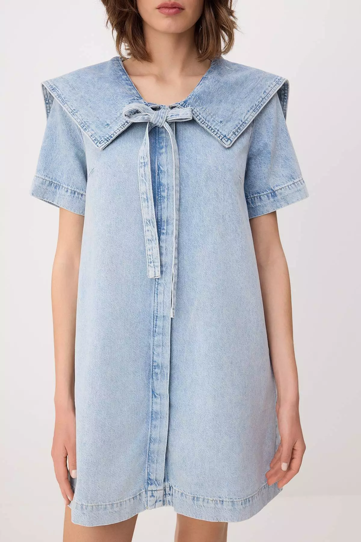 Light Blue Baby Collar Detailed 1% Cotton Mini Denim Dress Twoss26El41