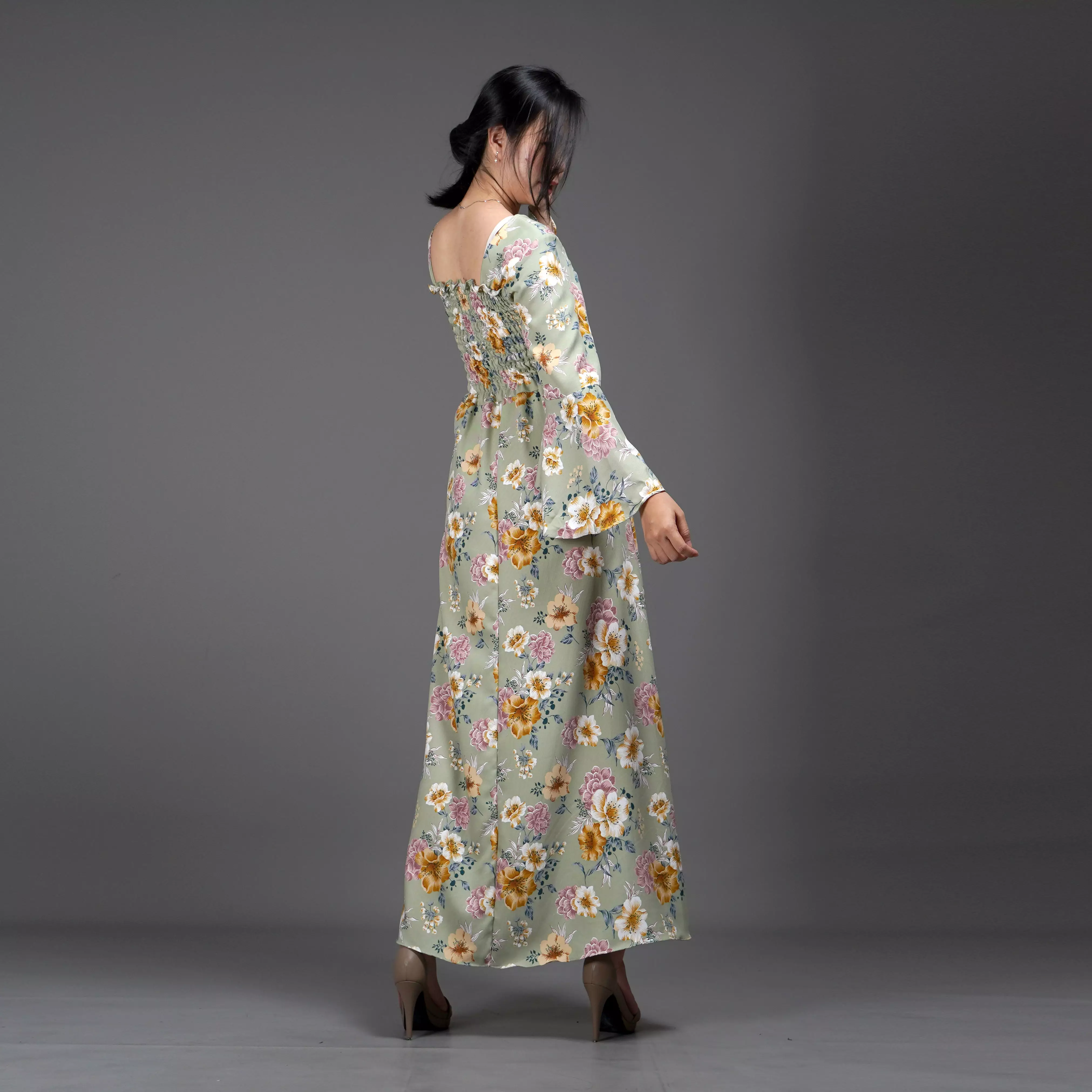 CLOVERIA Long Dress Motif Bunga Gaya Korea Dress Wanita Korean Style - Mint